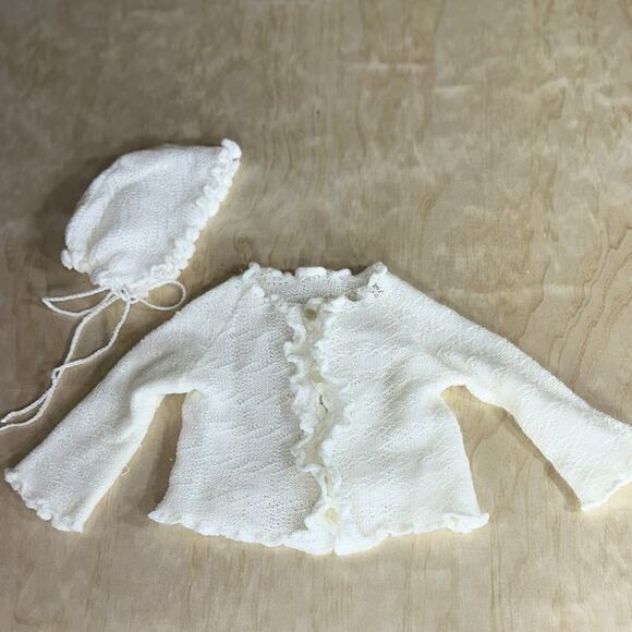 Vintage Baby Girl Knit Outfits Lot – Sweater Pants Set + Cardigan Bonnet Ivory - Picture 2 of 10